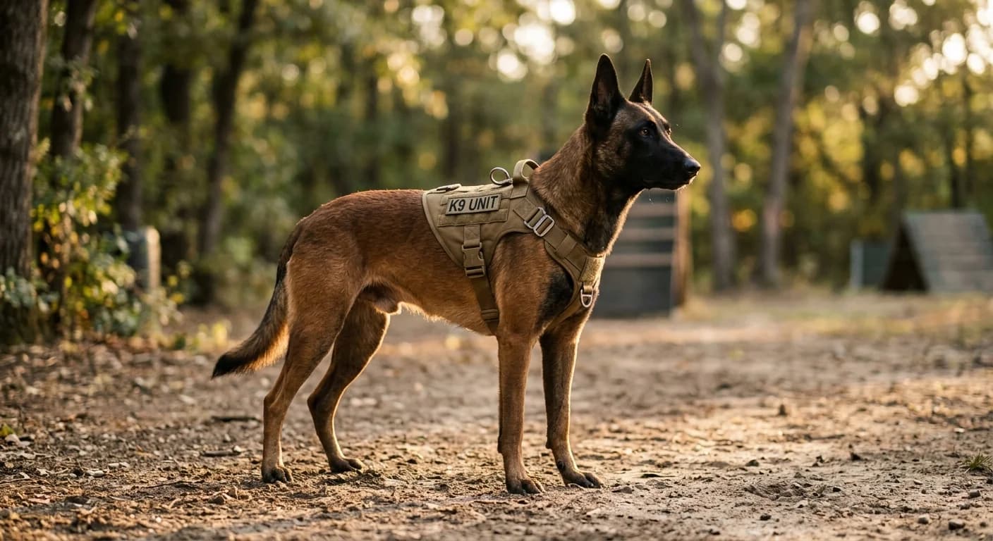 A Belgian Malinois in tactical working harness on a training ground