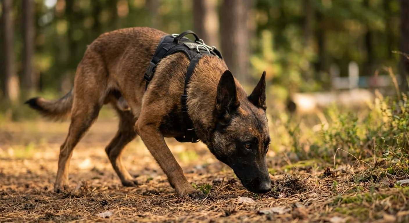 A Belgian Malinois actively scenting at ground level during detection training