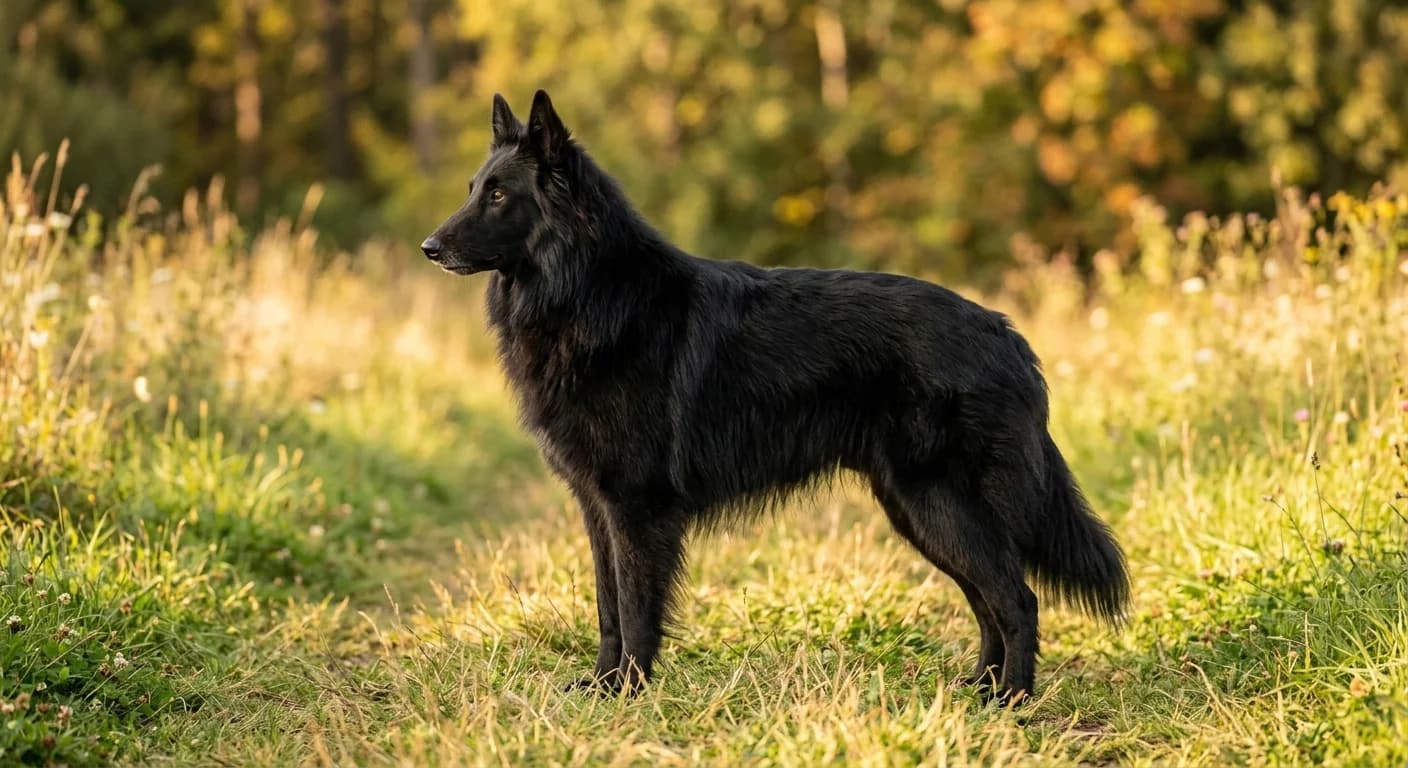 Side profile portrait of an adult Belgian Groenendael on grass