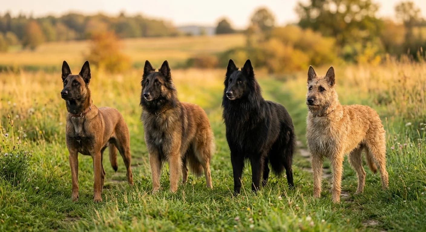 The four Belgian Shepherd varieties standing side by side on grass