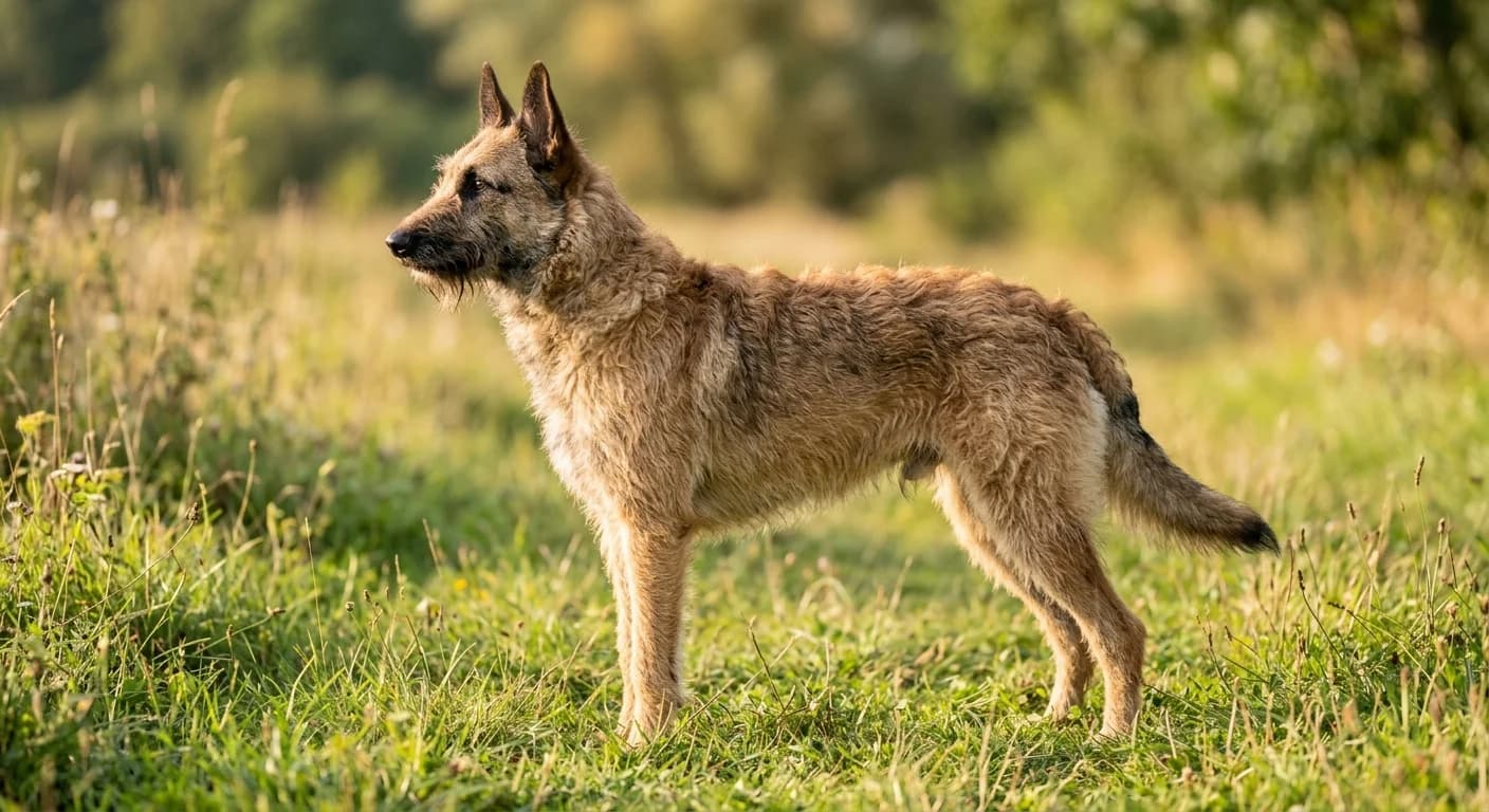 Side profile portrait of an adult Belgian Laekenois on grass with characteristic wirehaired coat