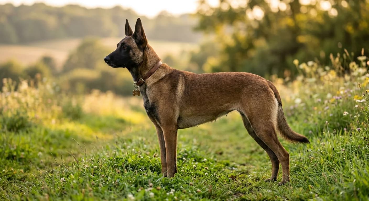 Side profile portrait of an adult Belgian Malinois on grass