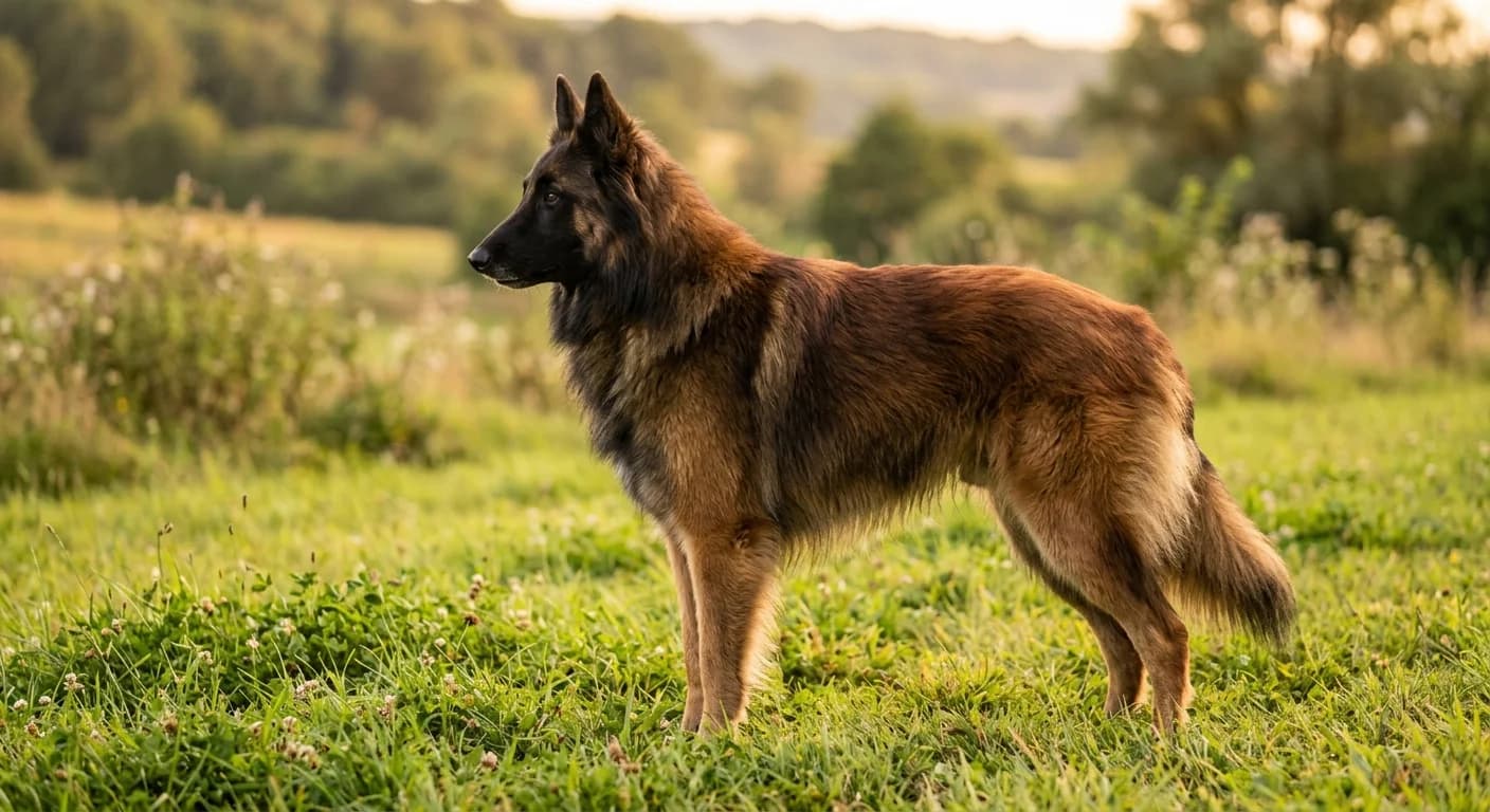 Side profile portrait of an adult Belgian Tervuren on grass