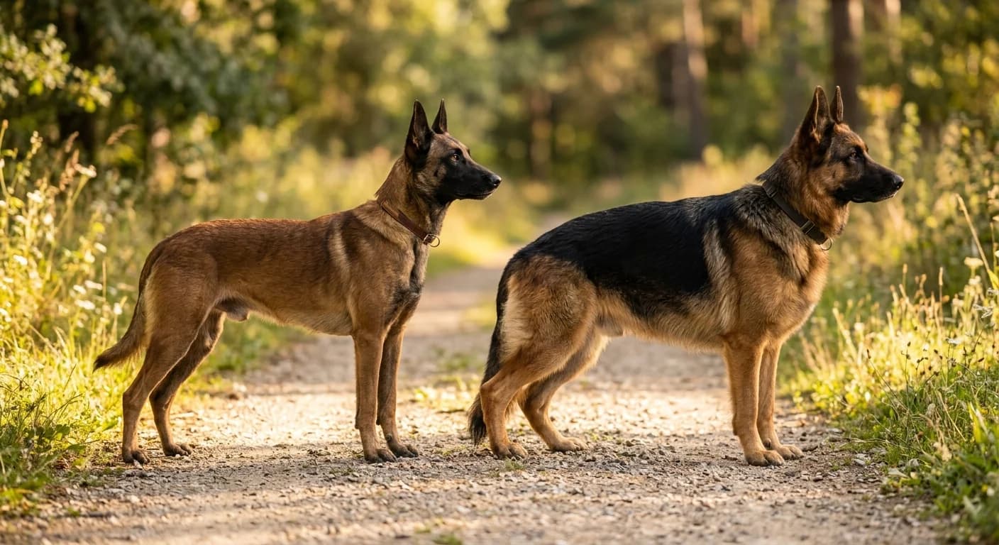 A Belgian Malinois standing next to a German Shepherd in side-by-side comparison