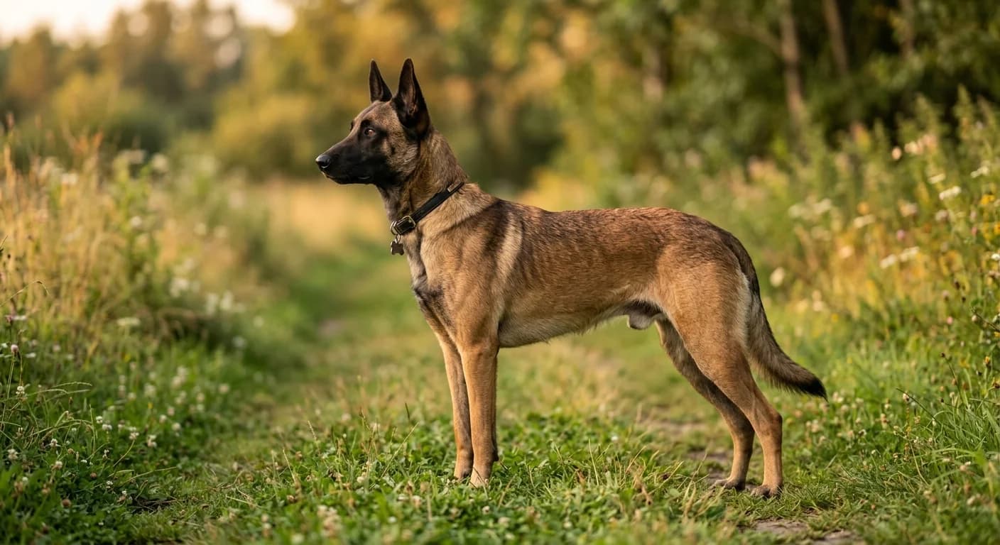 Adult Belgian Malinois standing in profile, square athletic build