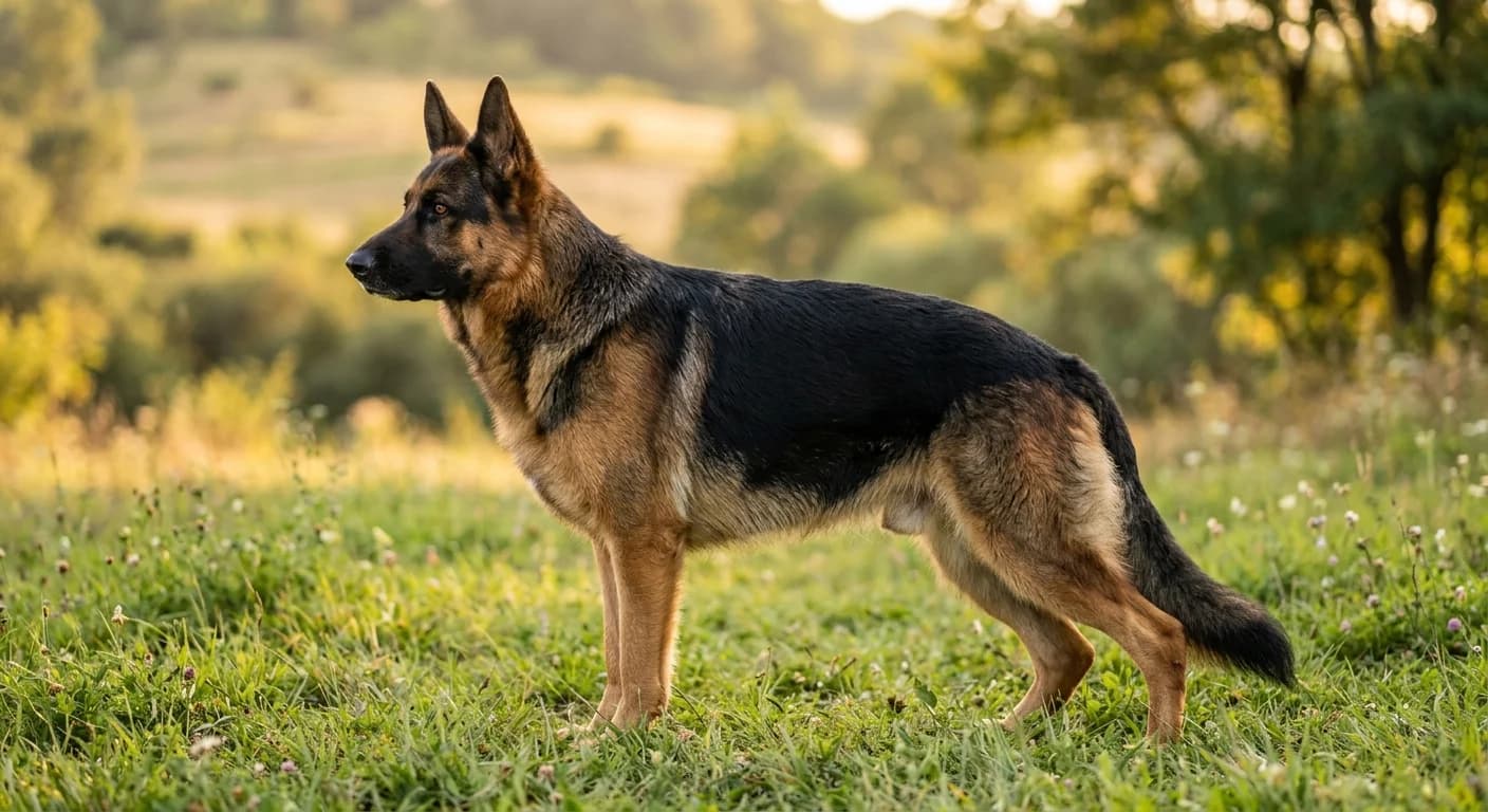 Adult German Shepherd standing in profile, sloped back and longer body