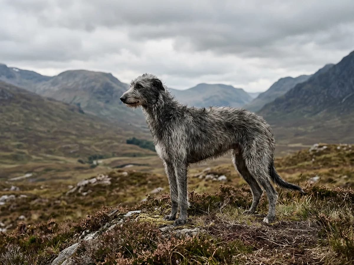 A gray shaggy-coated Scottish Deerhound standing tall and lean on a windswept Highland moor, its wiry coat ruffled by the wind, muted overcast light e