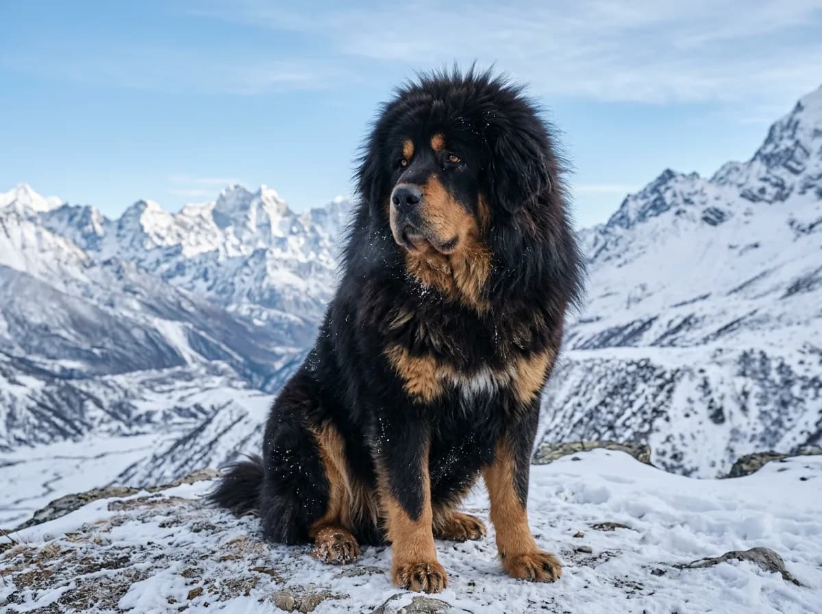 A massive black-and-tan Tibetan Mastiff with a dense lion-like mane sitting in front of a snowy mountain backdrop, thick coat fully fluffed, cold clea