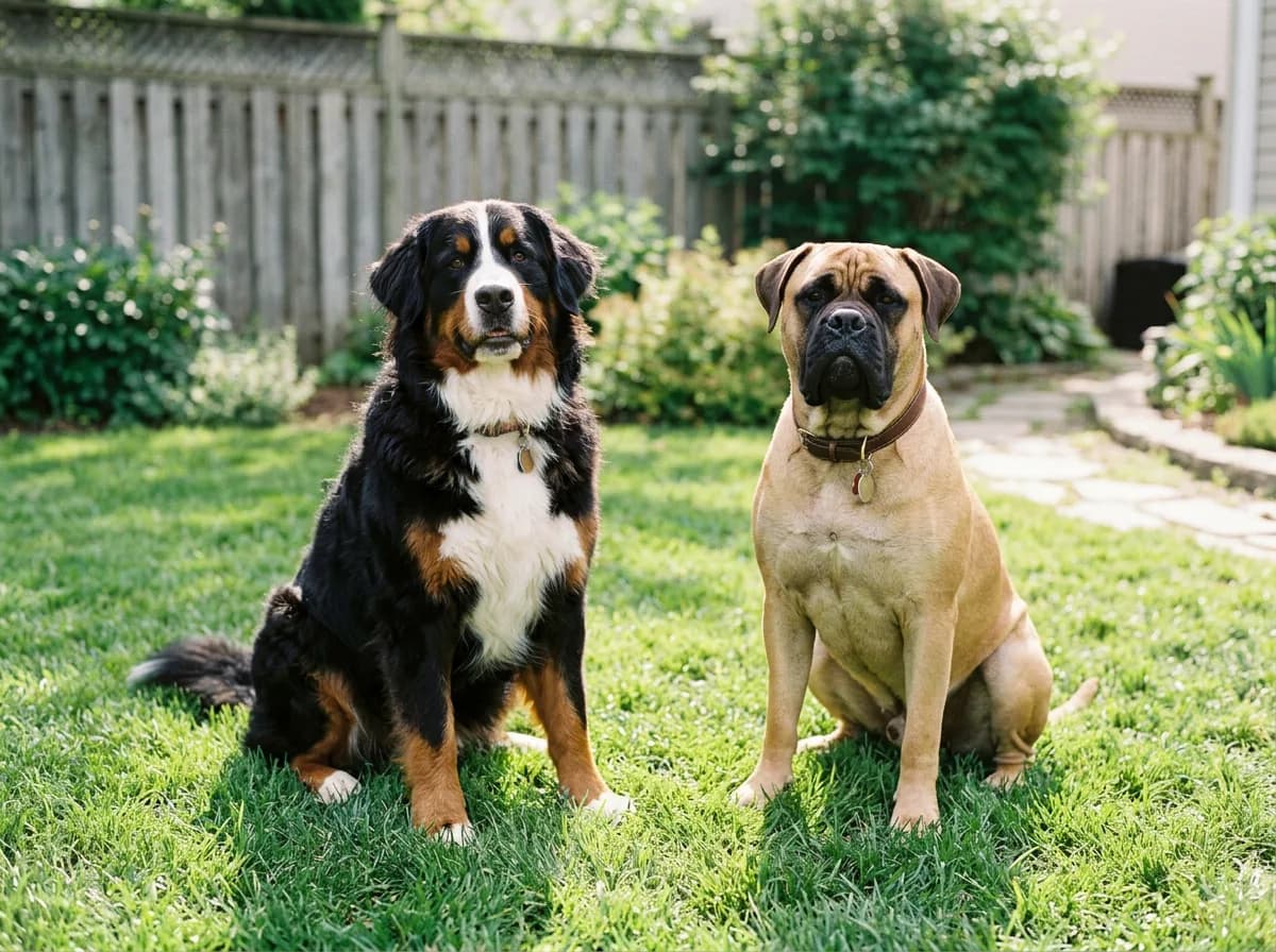 A tricolor Bernese Mountain Dog and a fawn Bullmastiff sitting side by side on green grass in a backyard, both large and calm, bright natural daylight
