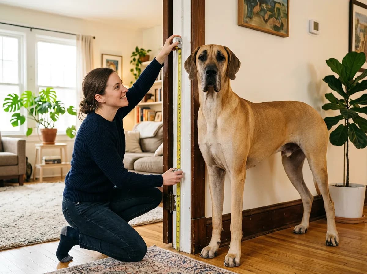 A person kneeling beside a Great Dane inside a bright living room, measuring the dog's height against a doorframe with a tape measure, warm domestic l
