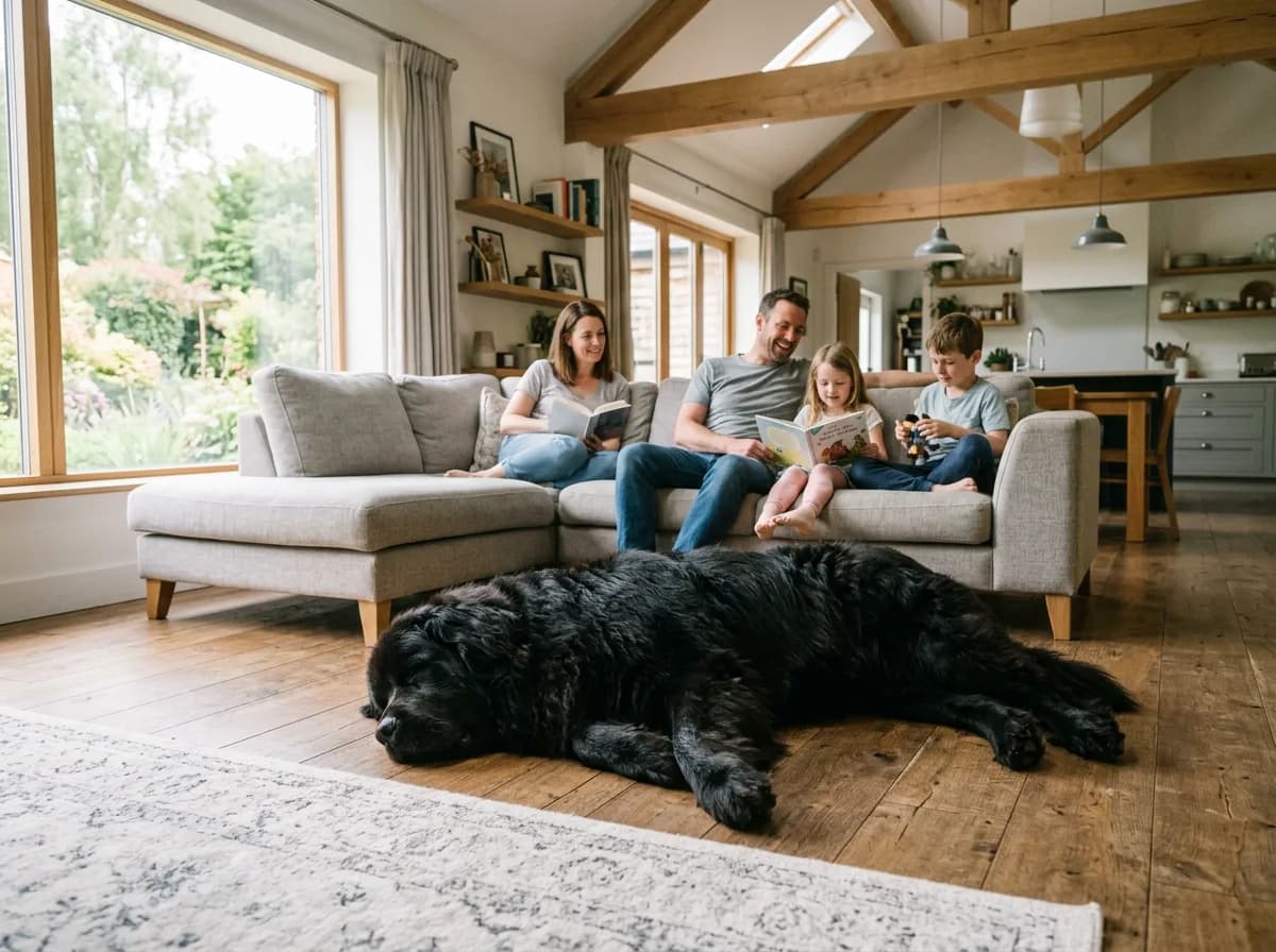 A large Newfoundland lying calmly on the floor of a spacious open-plan home while a family relaxes on a couch nearby, natural window light, showing a
