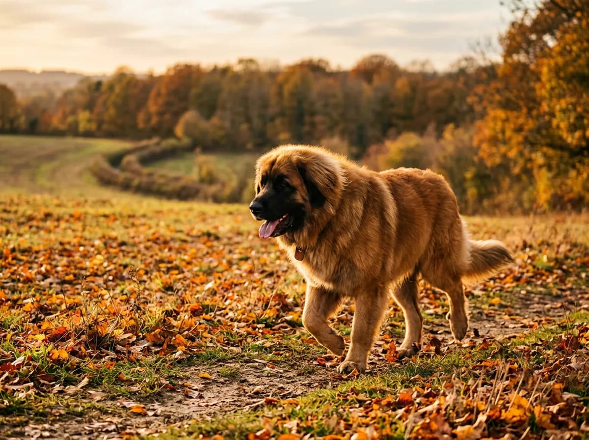 A golden-brown Leonberger with a black mask trotting across an autumn field, its lion-like mane catching the light, leaves scattered on the ground, wa