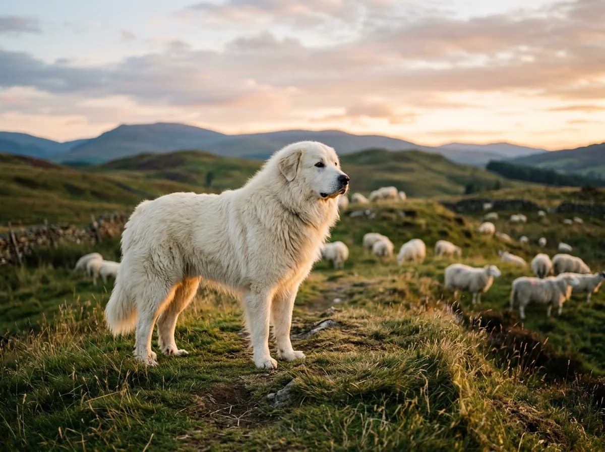 A thick-coated white Great Pyrenees standing watch on a hilltop pasture at dusk, sheep grazing in the background, the dog's dense coat glowing in gold