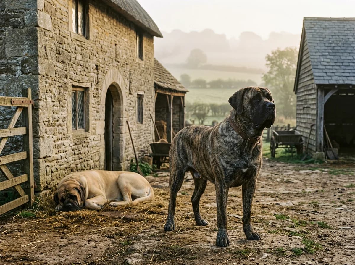 A historical-style scene of a large mastiff-type dog standing guard beside stone farm buildings at dawn, another giant dog resting nearby, soft misty light