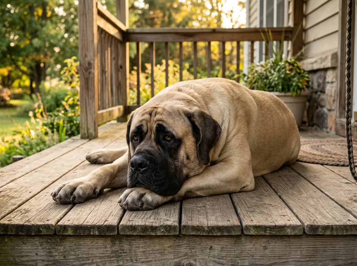 A fawn English Mastiff with a black mask lying calmly on a wide wooden porch, its enormous head resting on its paws, warm late-afternoon light, showing the