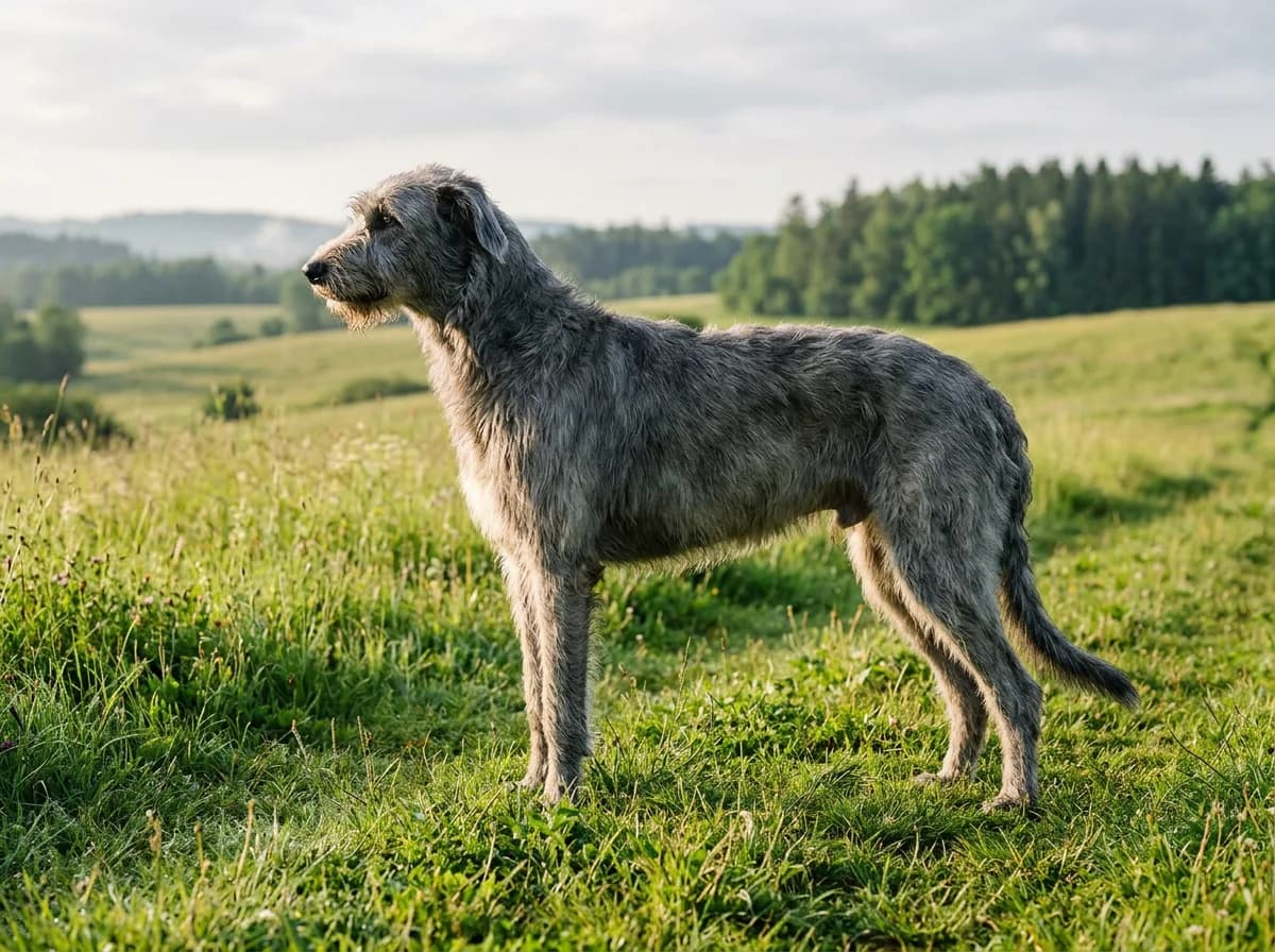 A gray rough-coated Irish Wolfhound standing in profile in a green meadow, long legs and deep chest clearly visible, soft morning light emphasizing its tow