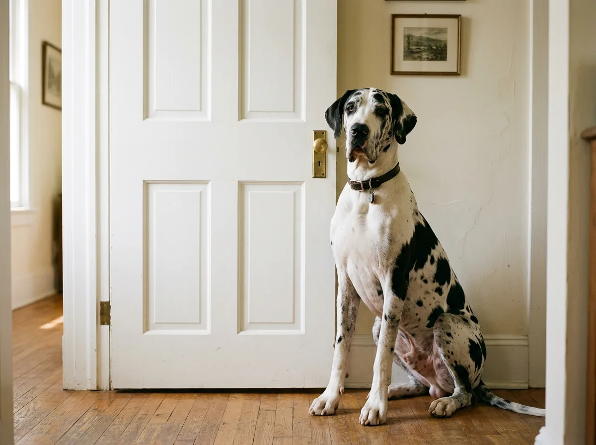 A harlequin Great Dane sitting upright beside a standard doorway, its head level with the door handle, indoor natural light, the dog's sleek coat and enorm