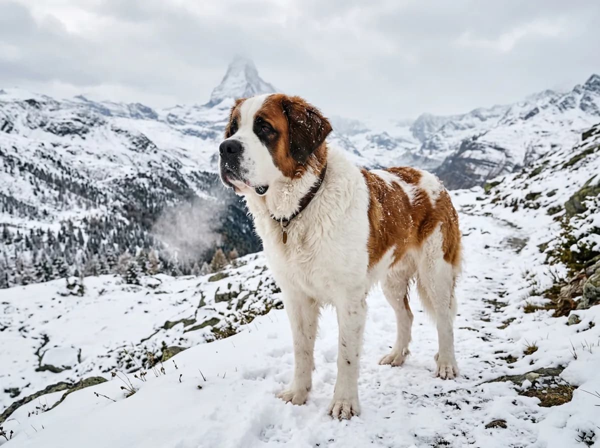 A white and red-brown Saint Bernard standing in a snowy alpine landscape, thick coat dusted with snow, breath visible in cold air, bright overcast light