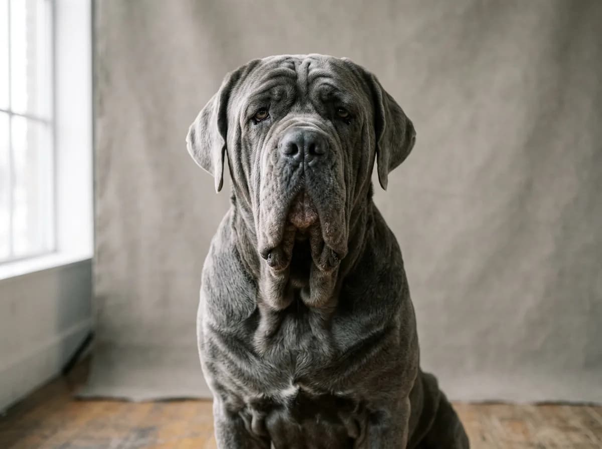 A blue-gray Neapolitan Mastiff facing the camera showing its dramatic loose folds of skin and heavy jowls, dignified expression, soft studio-style light ag