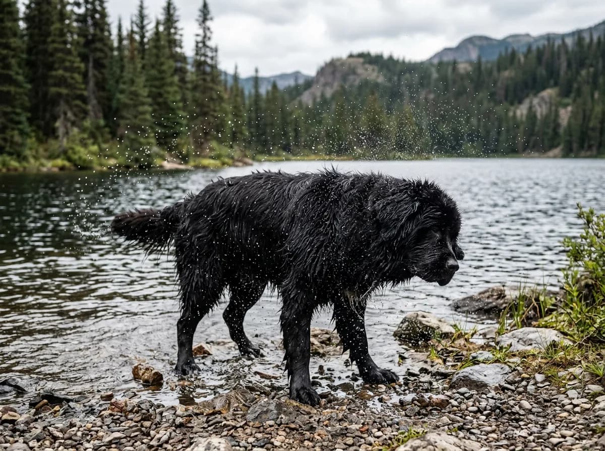 A black Newfoundland standing at the edge of a lake with wet fur, water dripping from its thick coat, mid-shake, natural daylight capturing its powerful sw