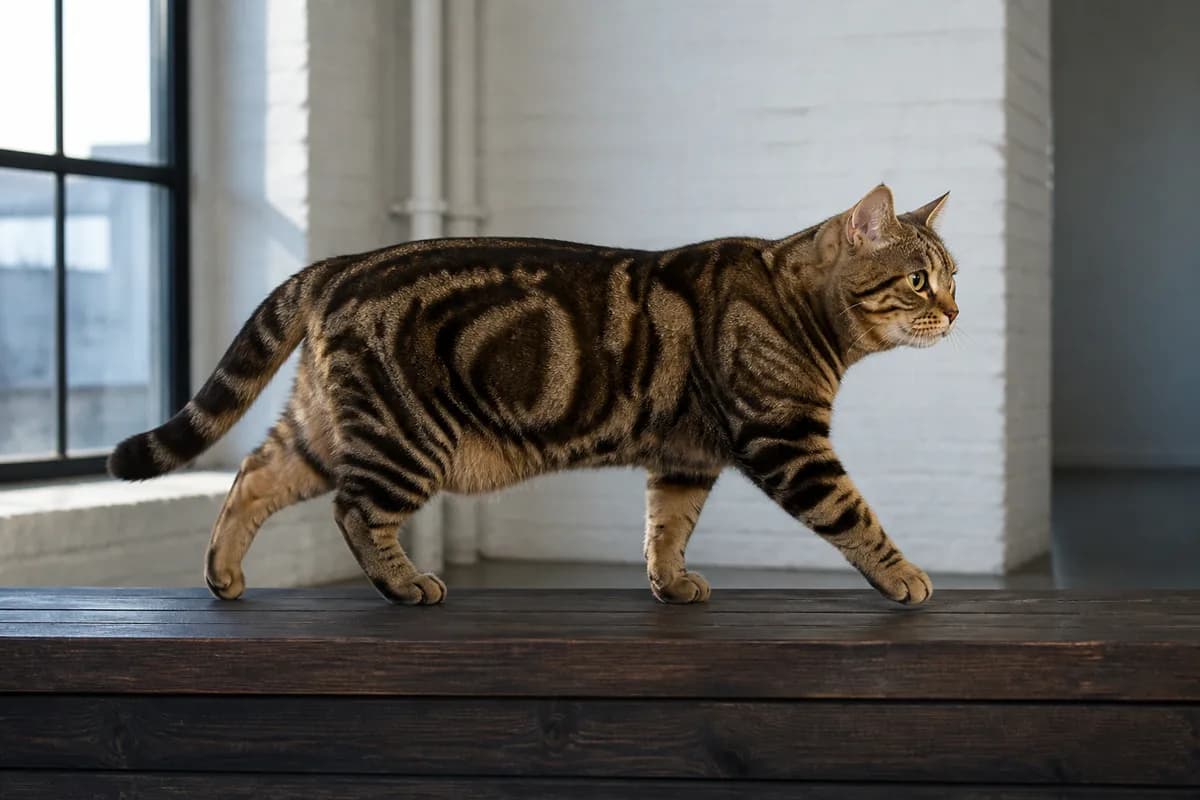 Brown classic tabby American Shorthair in full side view showing a muscular balanced body, substantial legs, and medium tail