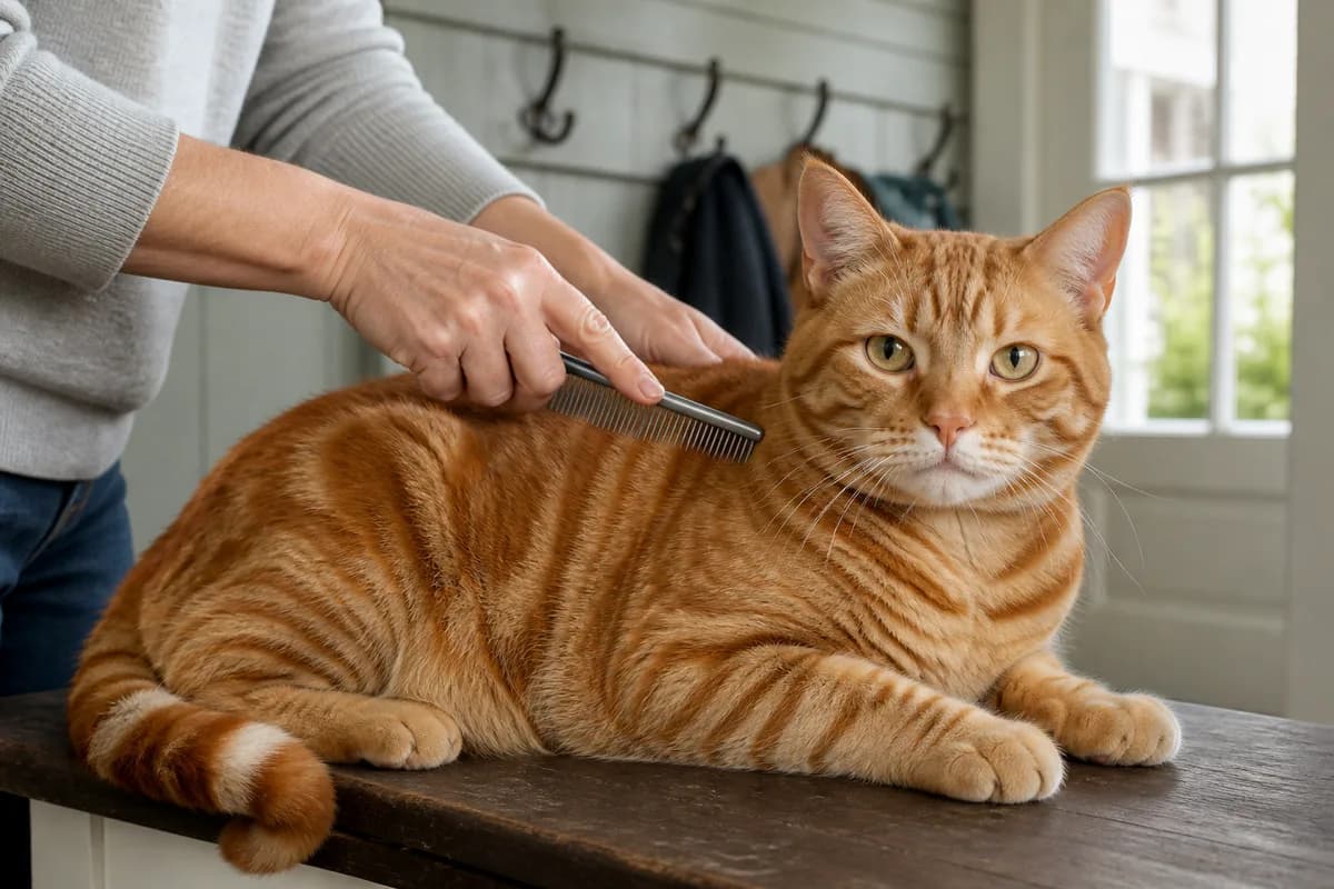 Red tabby American Shorthair receiving a gentle weekly combing in a bright mudroom grooming area