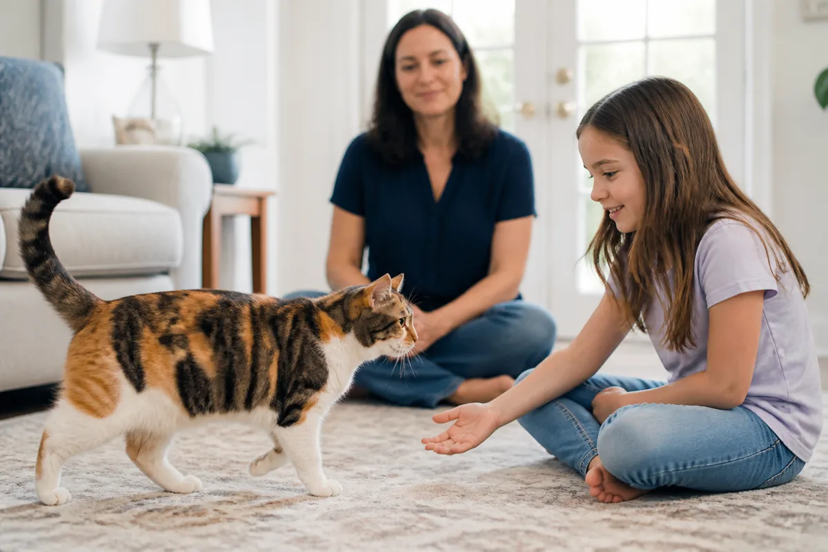 Calico American Shorthair choosing calm contact with an older child during supervised floor play