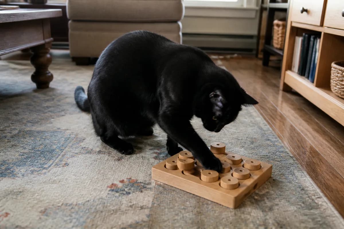 Black American Shorthair engaging with a puzzle toy in a lived-in family room