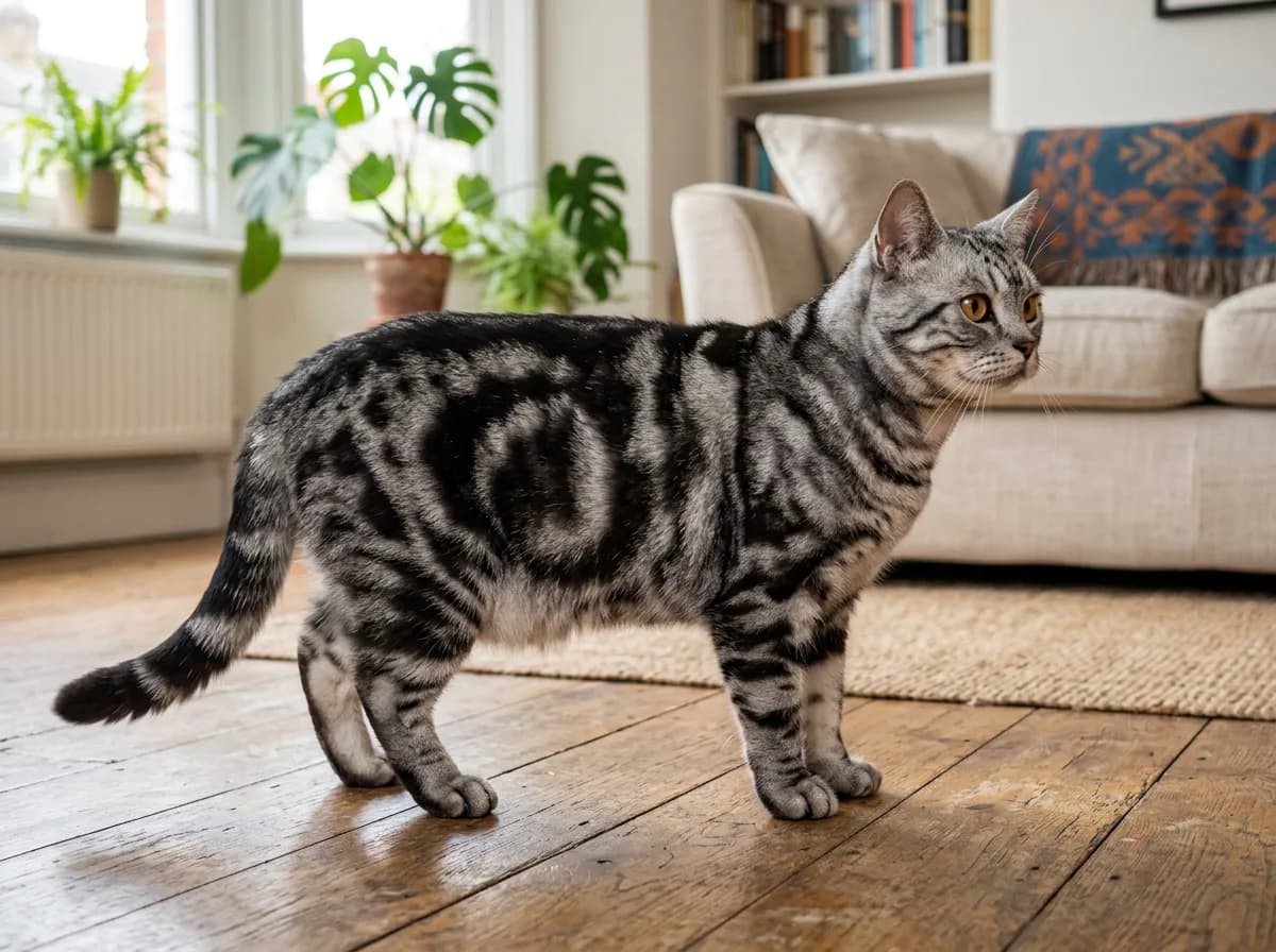 Silver classic tabby American Shorthair cat standing in profile showing its stocky muscular working-cat build