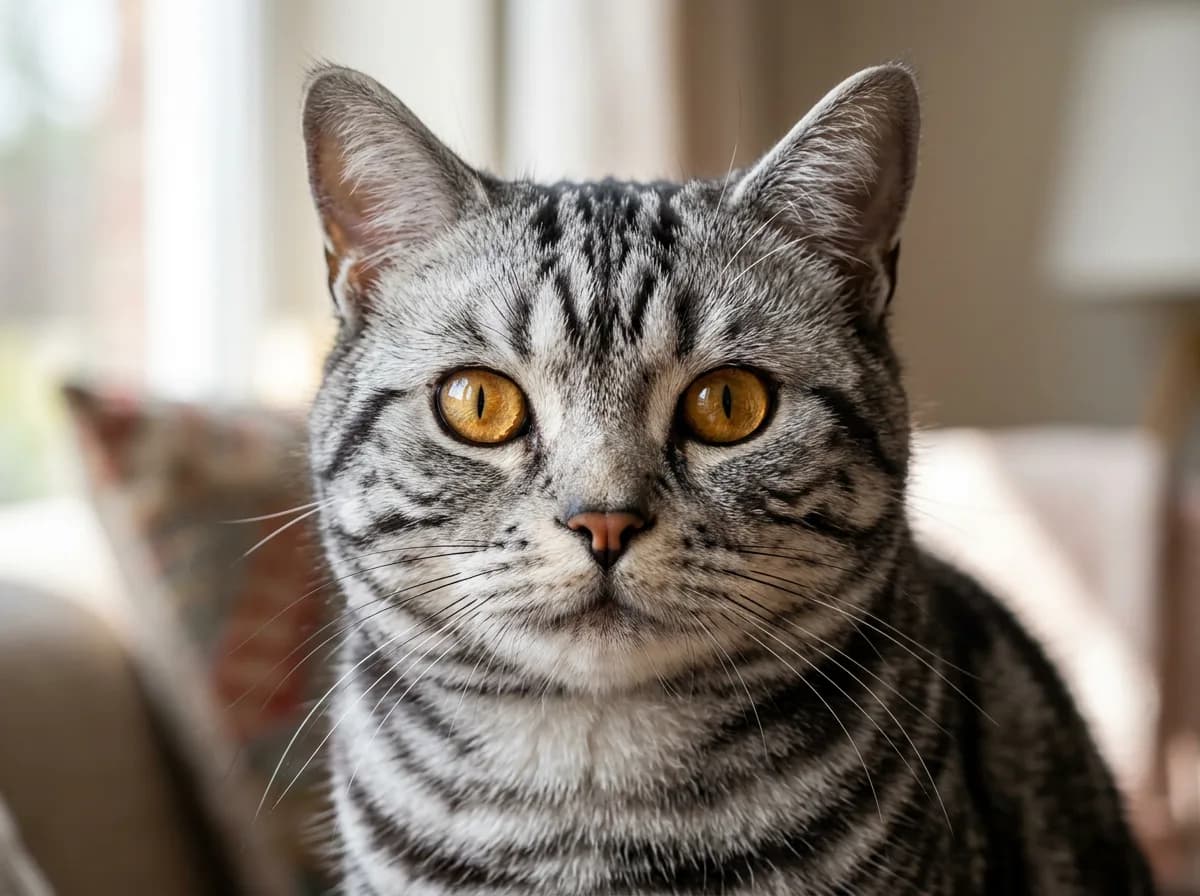 Close-up of an American Shorthair cat showing its round face large wide eyes and dense short coat