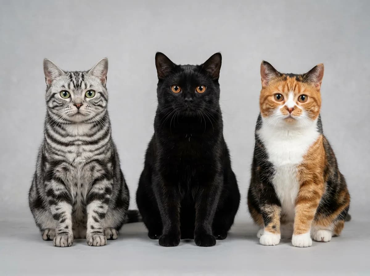 Three American Shorthair cats side by side showing silver tabby black and calico coat colors and patterns