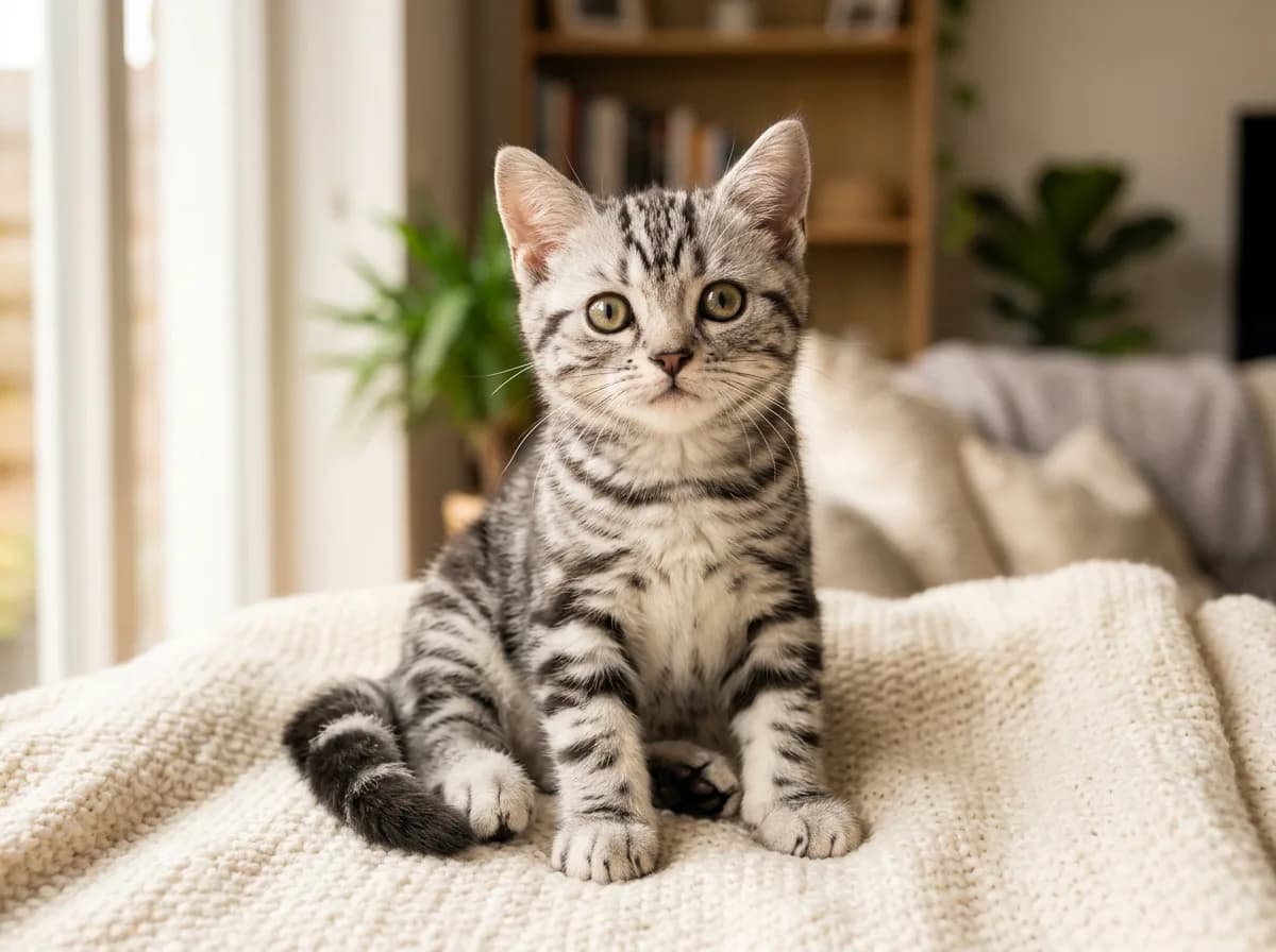 Silver tabby American Shorthair kitten sitting on a cream blanket