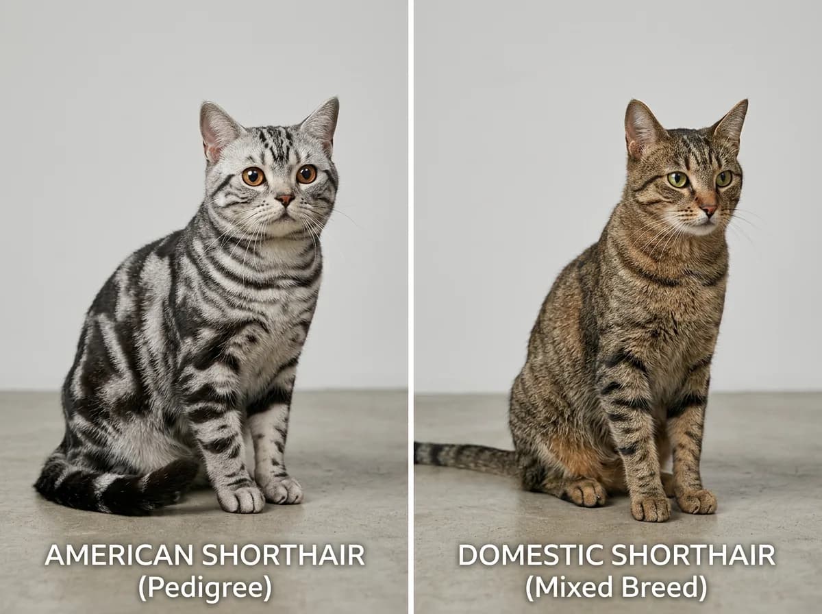 American Shorthair cat on the left next to a mixed-breed domestic shorthair cat on the right for comparison