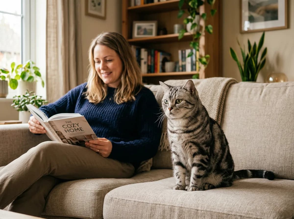 American Shorthair cat sitting calmly beside its owner on a sofa showing its independent affectionate temperament