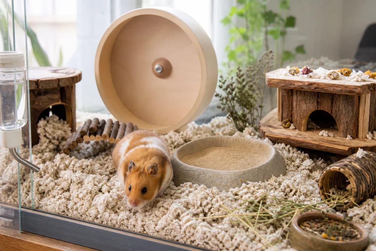 Quiet new hamster enclosure prepared with deep bedding, a solid wheel, water and hides