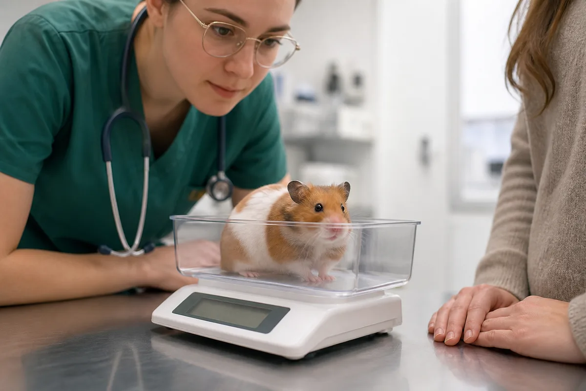 Exotic-animal veterinarian calmly assessing a Syrian hamster's weight, posture, and breathing during an exam