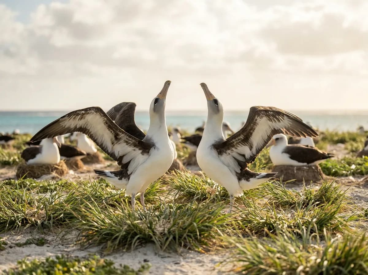 Two Laysan albatrosses with wings raised and bills pointed skyward in a courtship dance, with nesting birds behind them on a grassy colony