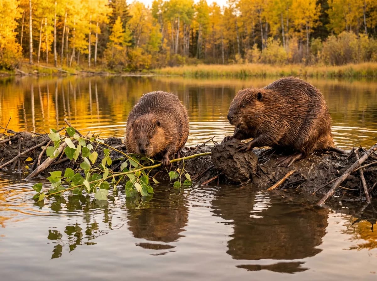Two beavers on the edge of their lodge in a pond, one holding a leafy branch, with autumn trees reflected in the water