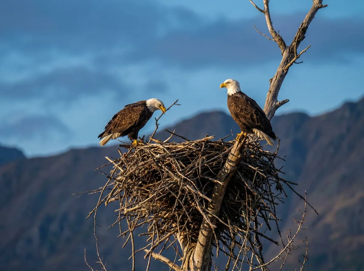 A pair of bald eagles perched on the edge of a large stick nest in a bare tree, with dusk-lit mountains behind them