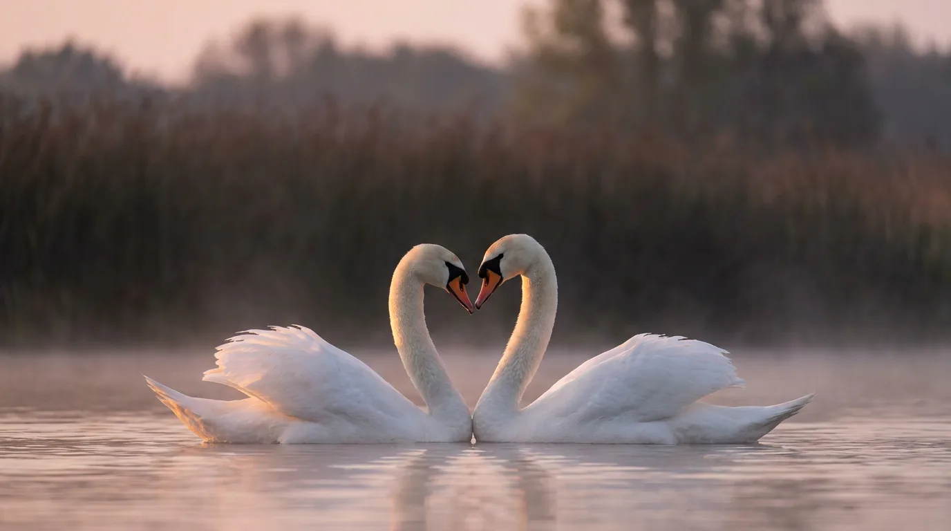 Two mute swans facing each other on a misty lake at sunrise, their necks curving into a heart shape