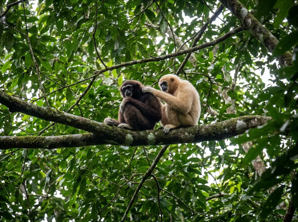 A dark-furred lar gibbon and a buff-colored lar gibbon sitting together on a rainforest branch, one grooming the other's head