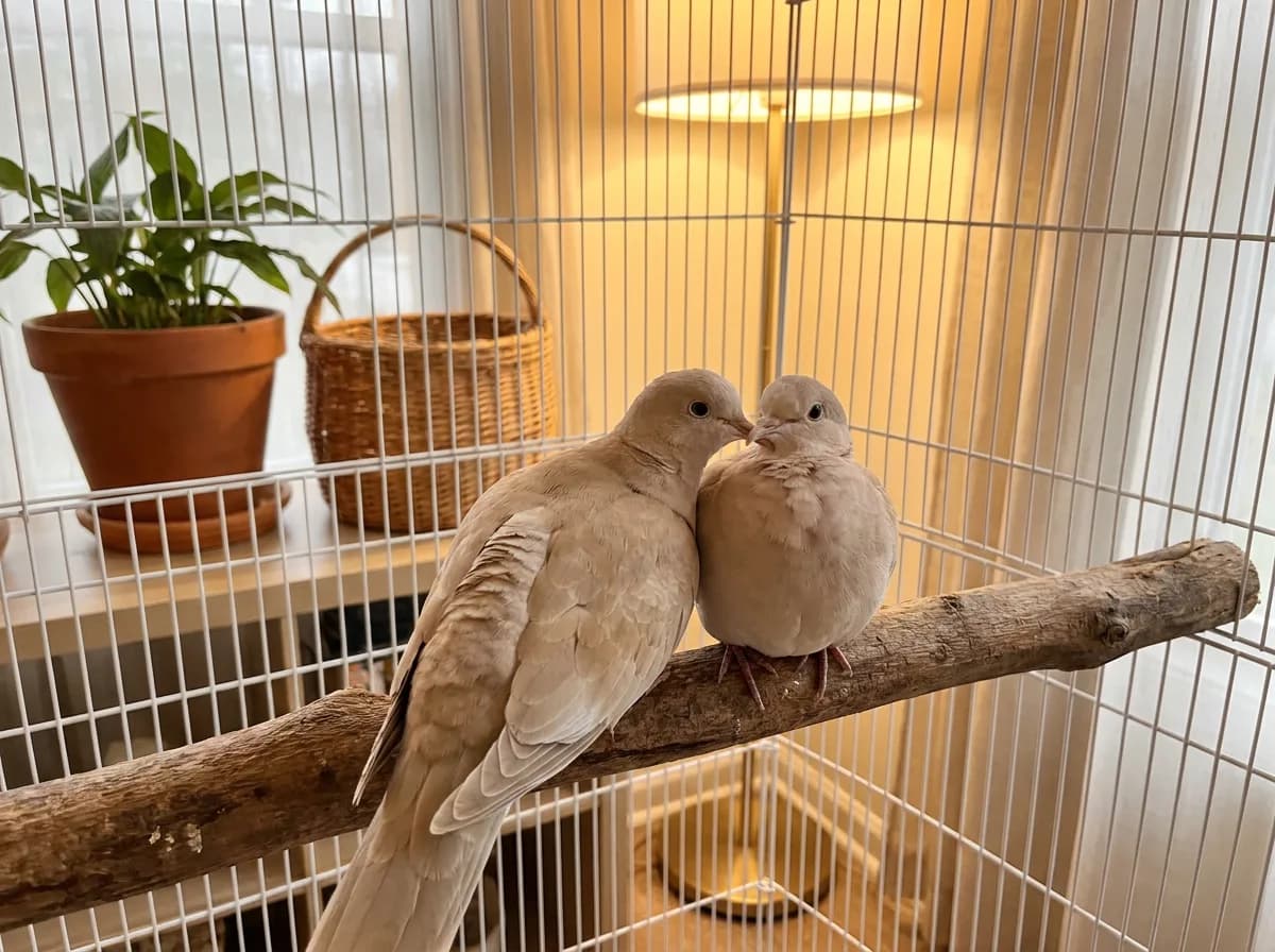 Two fawn ringneck doves sitting side by side on a wooden perch inside a white home aviary, with a potted plant and a lamp behind them
