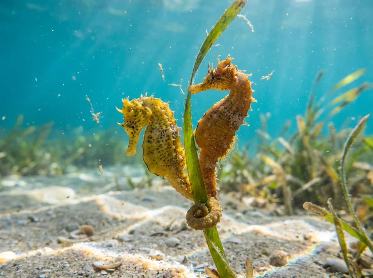 Two yellow seahorses gripping the same blade of seagrass with their tails twined together in clear shallow water
