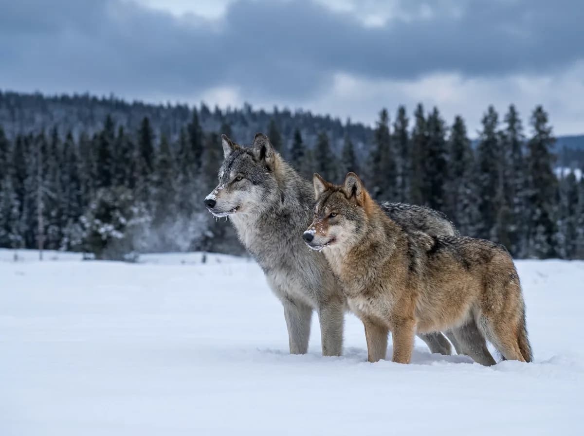 A gray wolf breeding pair standing close together in deep snow, the bonded wolf pair that leads a pack