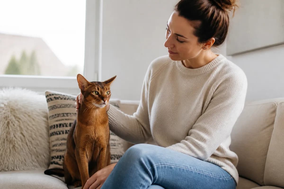 Ruddy Abyssinian choosing to sit beside an adult during a quiet household moment