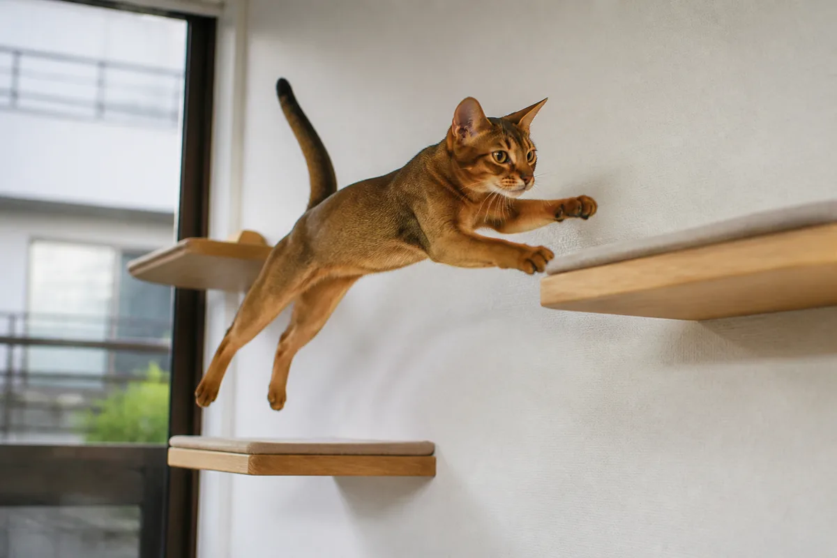 Ruddy Abyssinian leaping safely between secure wall-mounted cat shelves