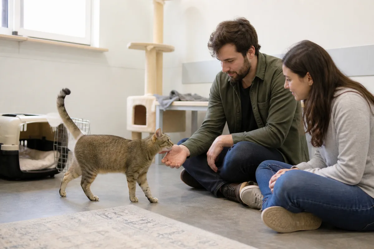 Adult ticked-coat rescue cat meeting a family in an adoption room without implying confirmed Abyssinian pedigree
