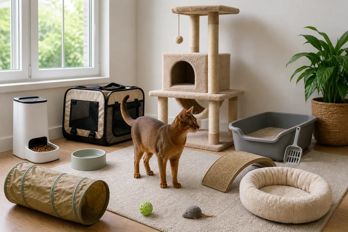 Automatic feeder, carrier, litter setup, cat tree and safe toys grouped as first-year Abyssinian purchases