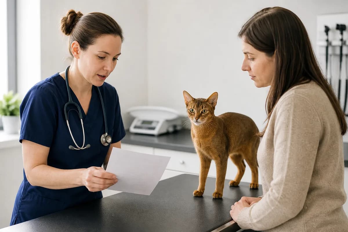 Abyssinian cat at a preventive veterinary visit while the owner reviews an itemized estimate