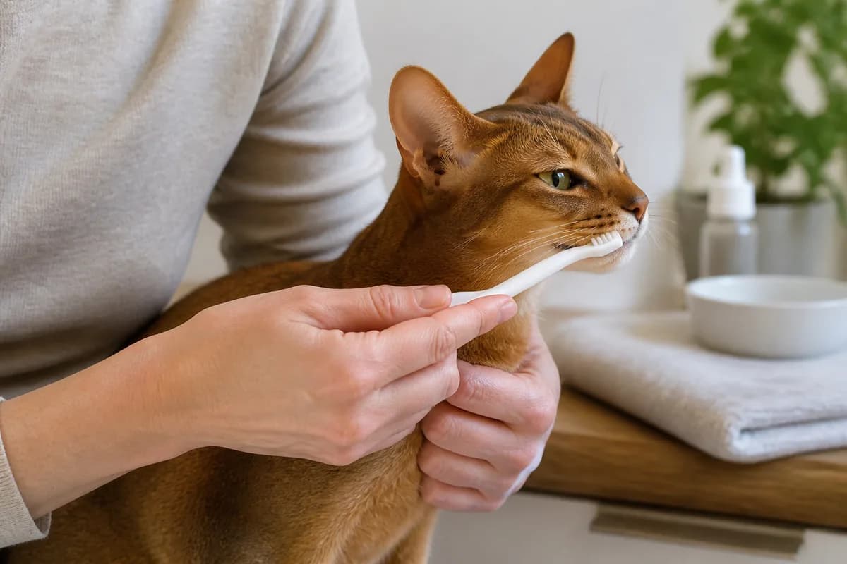 Abyssinian calmly accepting gentle home tooth-brushing practice with a small feline toothbrush